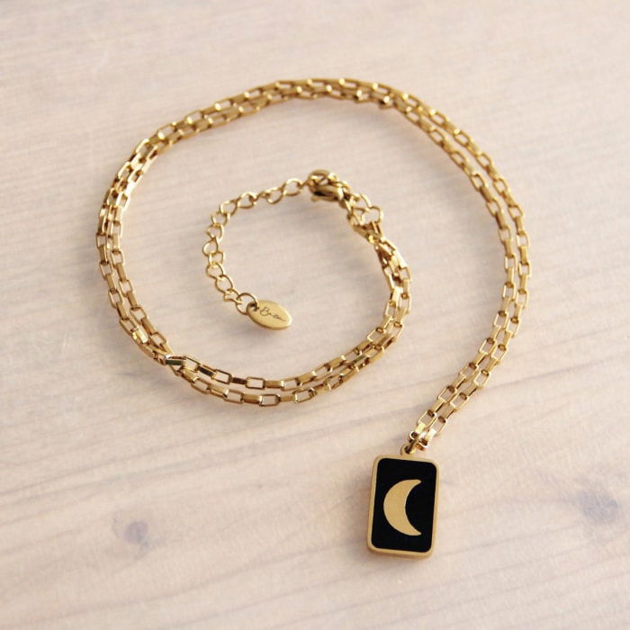 RVS fijne d-ketting met tag moon - zwart/goud