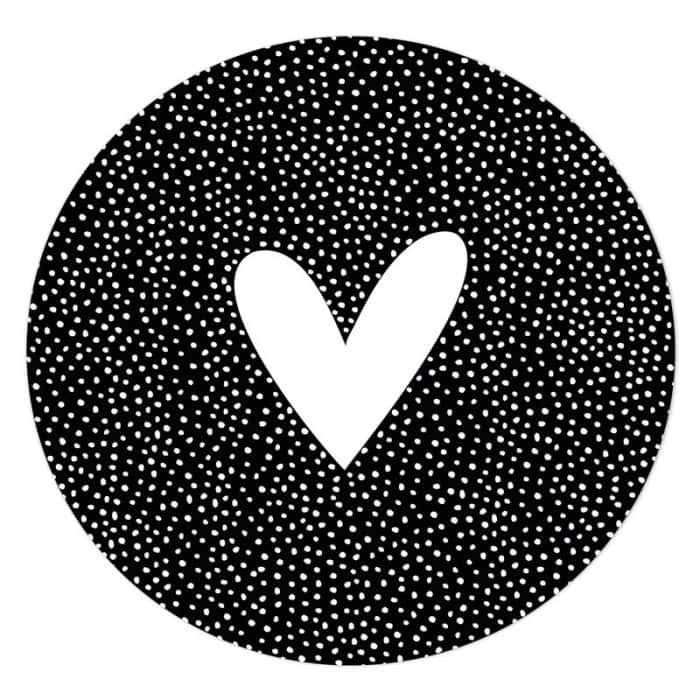Muurcirkel/tuincirkel zwart met wit hart en dots Ø 30 cm