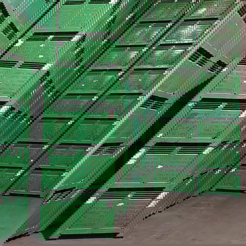 A ULO cold storage room filled with large green crates of stacked fruit.