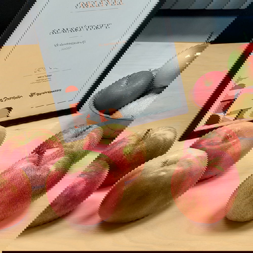 Een tafel waarop verschillende soorten appels liggen, met daarbij een certificaat voor Almakúti.