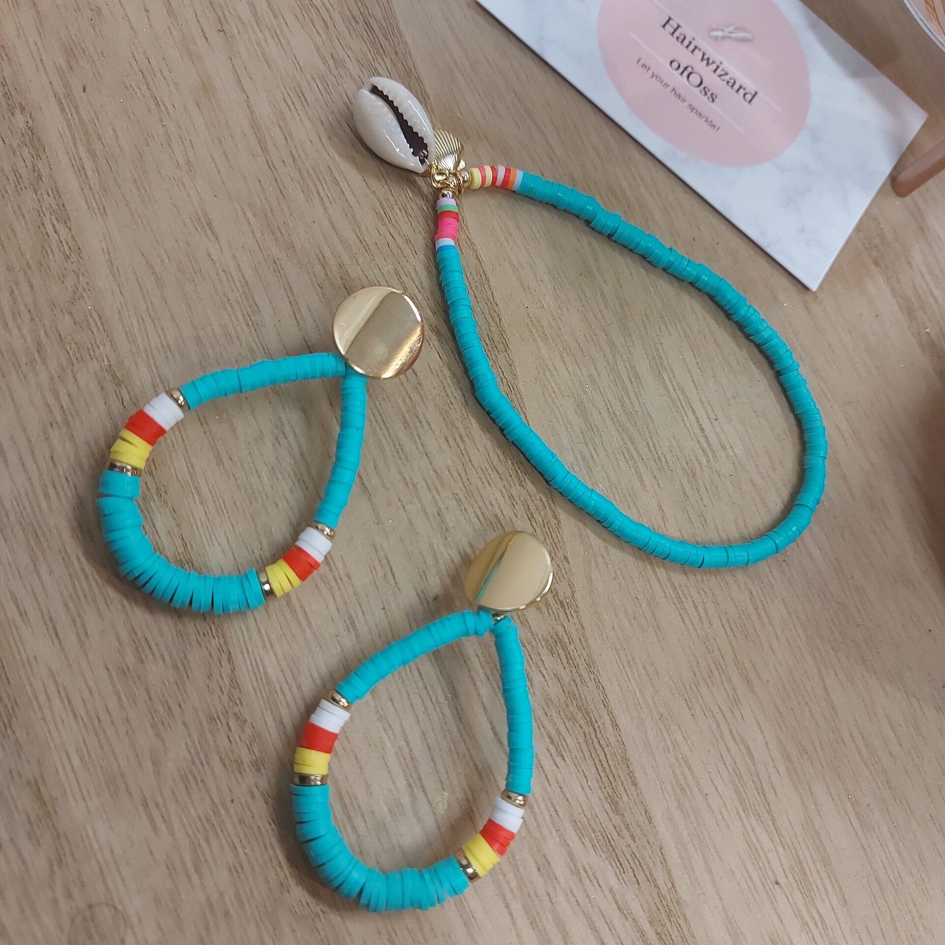 turquoise oorbellen+enkelbandje