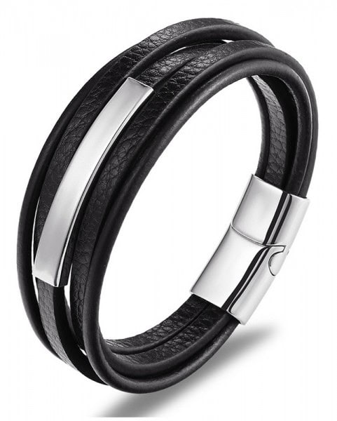 Stainless Steel with Leather Bracelet Silver-black