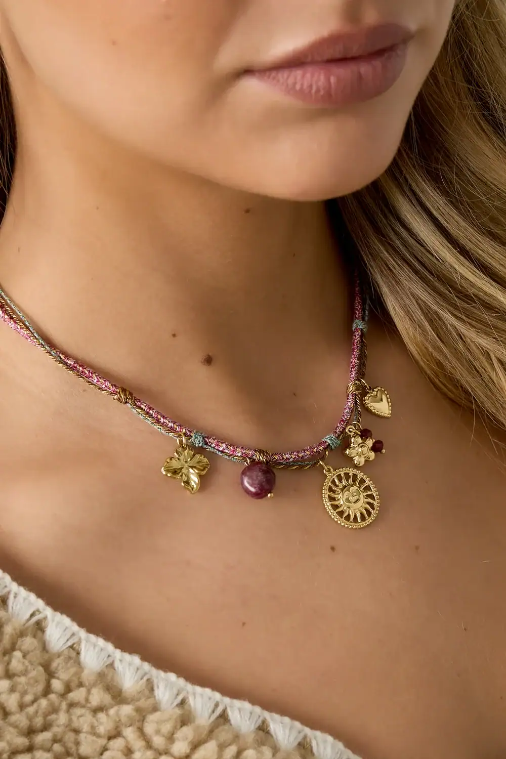 Stainless Steel Touw Bedelketting sunny flower om nek