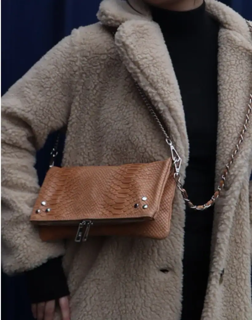 Lederen schoudertas studs kroko Camel om schouder