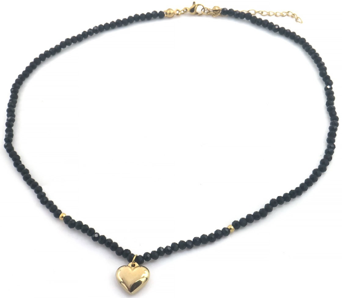 Ketting zwarte glaskralen met gouden hart