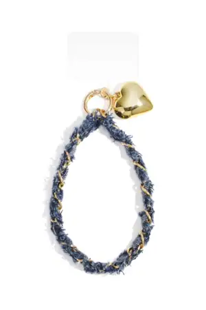 Telefoonkoord denim met hartbedel blauw met goud