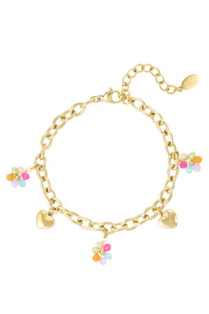 Bedelarmband Hartjes En Gekleurde Bloemetjes Goud