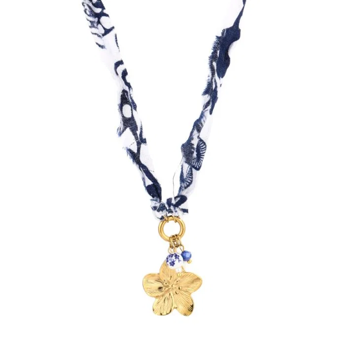 Bedelketting Stof Delftsblauw Bloemenhanger - Afbeelding 2