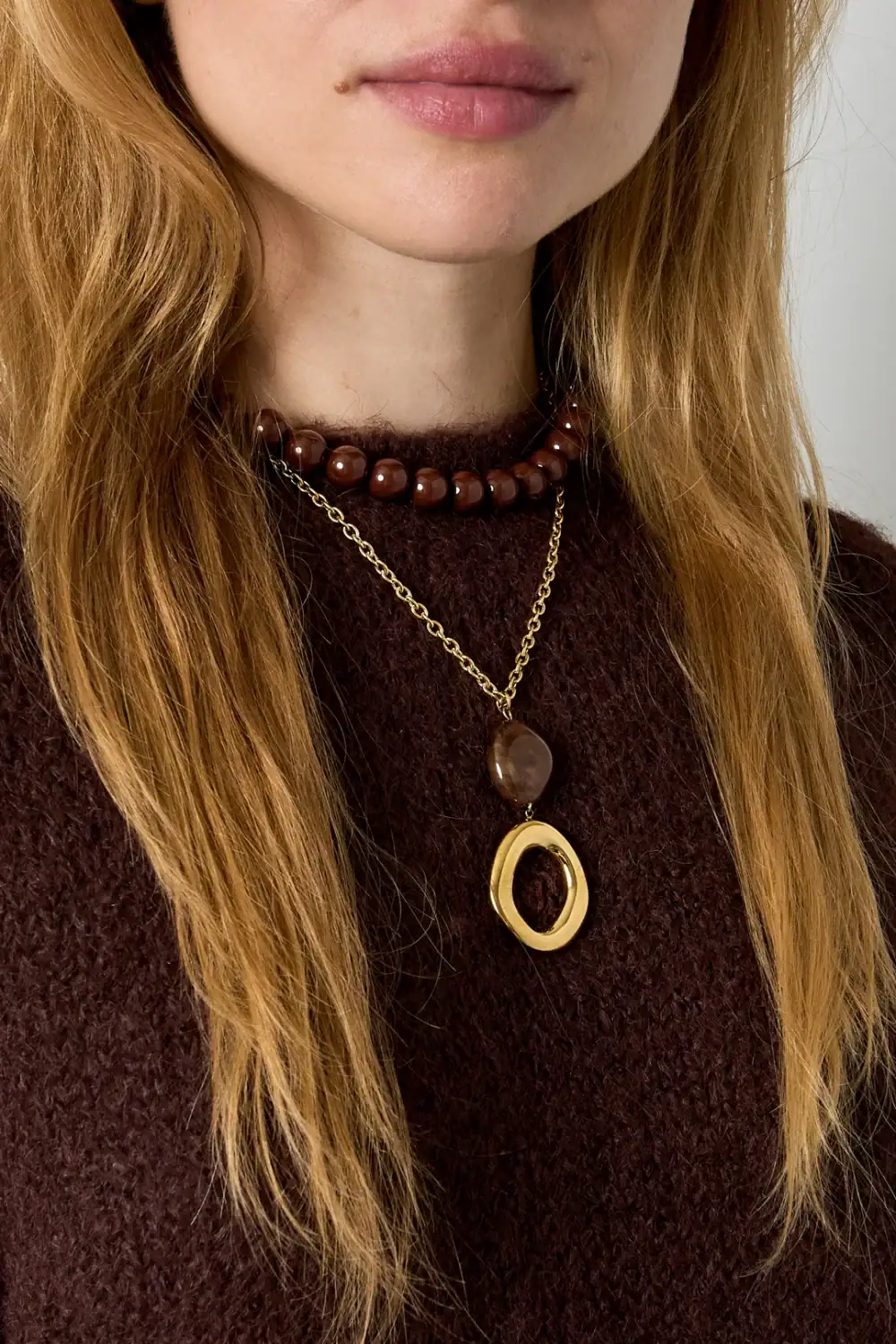 Stainless Steel Hangerketting Oval & Acryl Bruin om nek