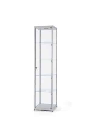 Glazen vitrinekast 50 cm breed zilver aluminium met LED zijverlichting en plafondspot