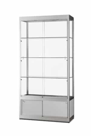 Glazen vitrinekast 100 cm breed zilver aluminium met onderkast, LED zijverlichting en plafondspots