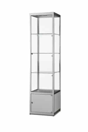 Glazen vitrinekast 50 cm breed zilver aluminium met onderkast en LED zijverlichting