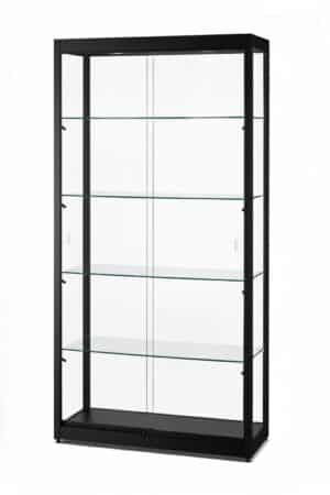 Glazen vitrinekast 100 cm breed zwart aluminium met LED zijverlichting en plafondspots