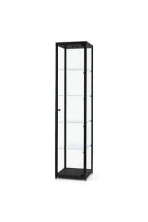 Glazen vitrinekast 50 cm breed zwart aluminium met LED zijverlichting en plafondspot