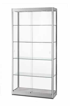 vitrine met verlichting haaks zilver met slot en schuifdeuren