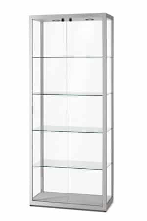 vitrine met verlichting haaks zilver met slot draaideuren voorzijde