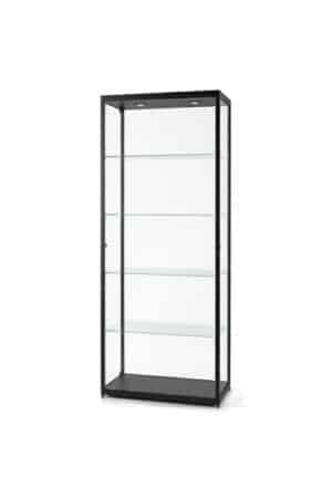 vitrine met verlichting haaks zwart met slot draaideuren zijkant