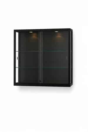 wandvitrine met verlichting haaks zwart met slot en schuifdeuren