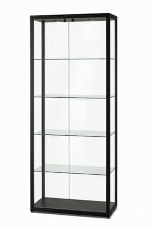 vitrine met verlichting haaks zwart met slot draaideuren voorzijde