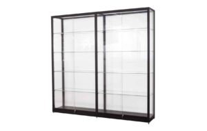 Glazen doorbouw vitrinekast 2 meter zwart aluminium met glazen legborden