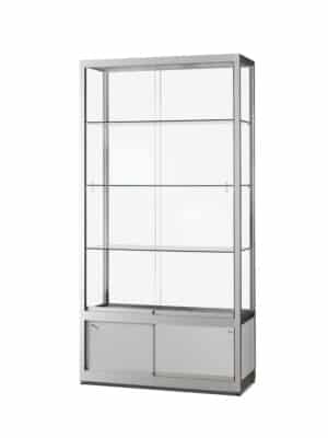 Glazen vitrinekast 100 cm breed zilver aluminium met onderkast en glazen legborden