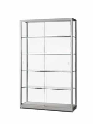 Glazen vitrinekast 120 cm breed zilver aluminium met schuifdeuren en glazen legborden.