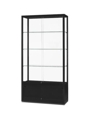 lazen vitrinekast 100 cm breed zwart aluminium met onderkast en glazen legborden.