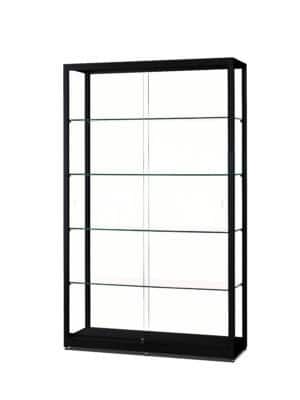 Glazen vitrinekast 120 cm breed zwart aluminium met schuifdeuren en glazen legborden.