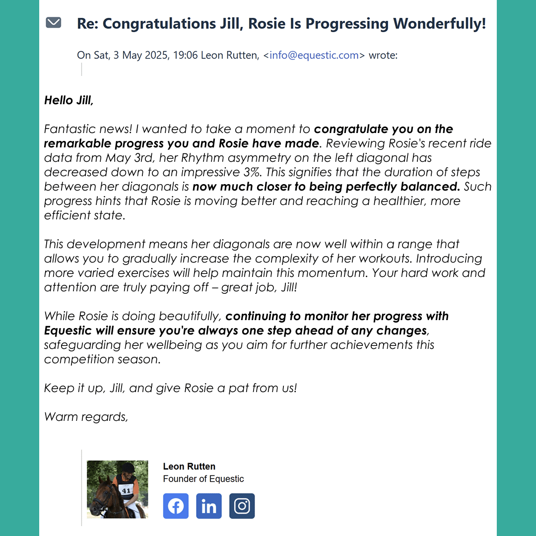 Picture with a follow-up email from Equestic founder Leon Rutten shared with Jill about Rosie’s rhythm asymmetry improvement.
