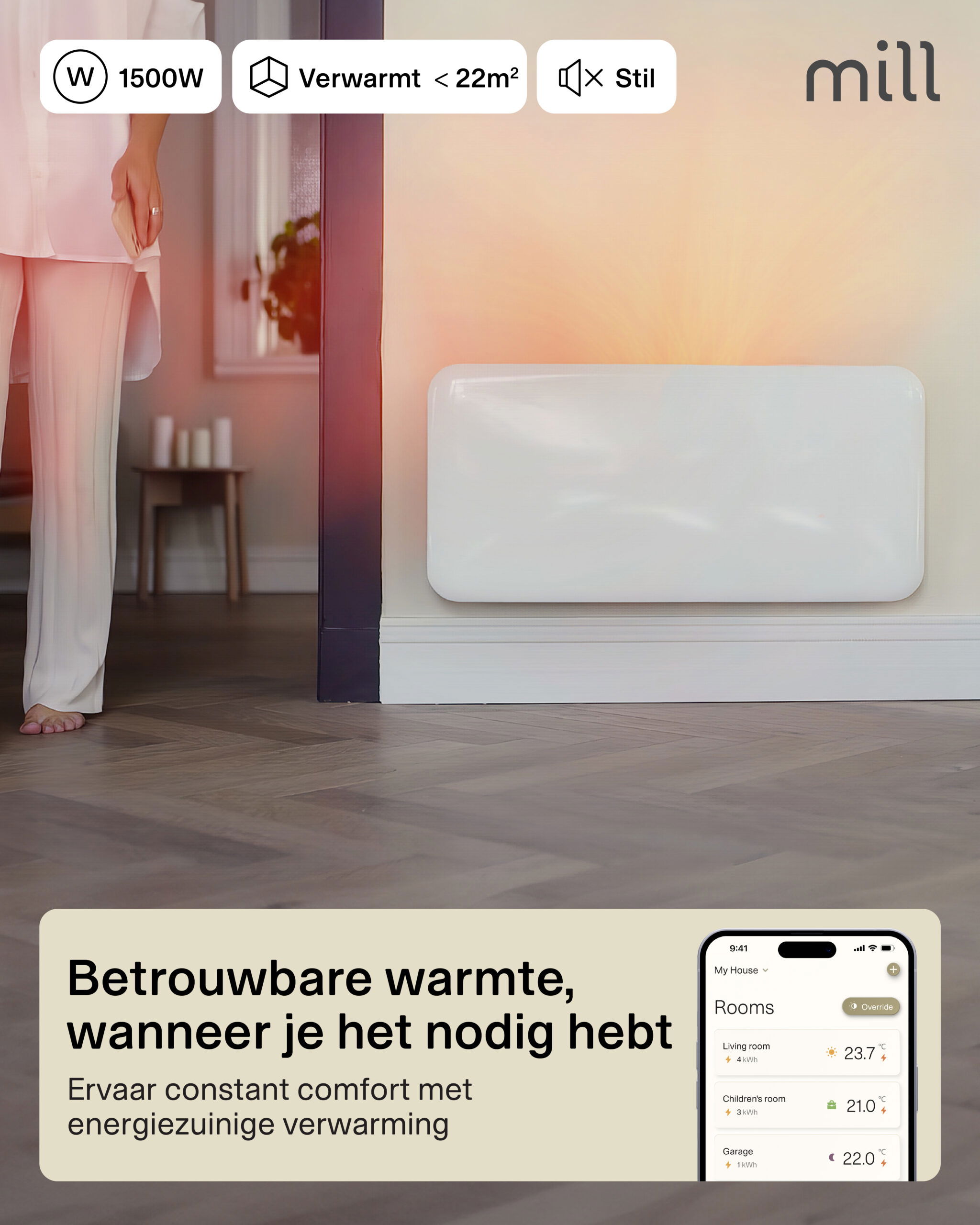Mill steel WiFi paneelverwarming PA1500WIFI3A met voet - Afbeelding 21