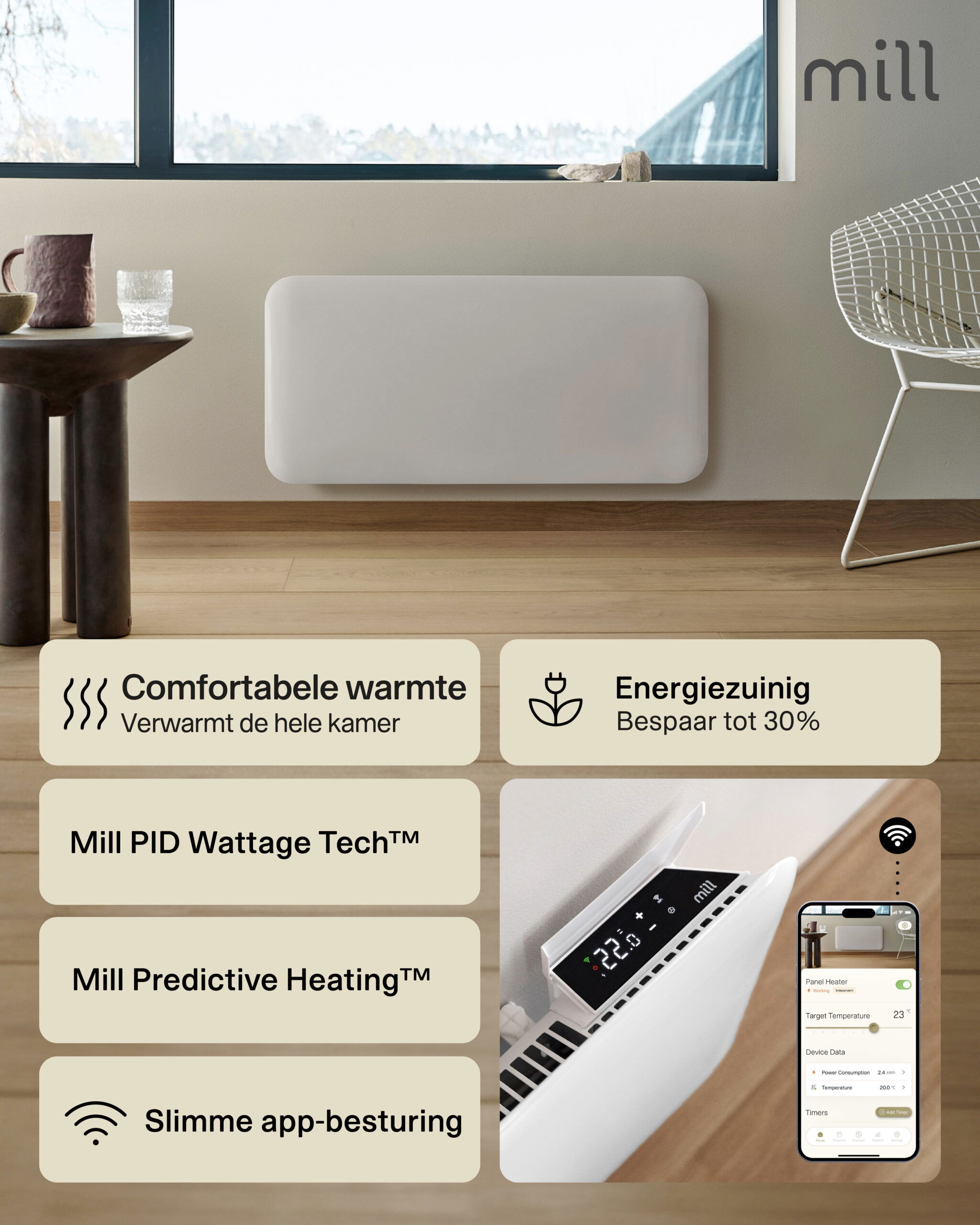 Mill steel WiFi paneelverwarming PA1500WIFI3A met voet - Afbeelding 20