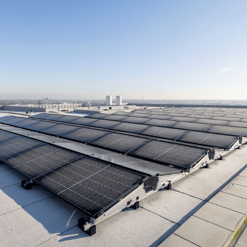 Solar panels installed on the roof of the RA building at Pivot Park, contributing to a more sustainable and energy-efficient campus.