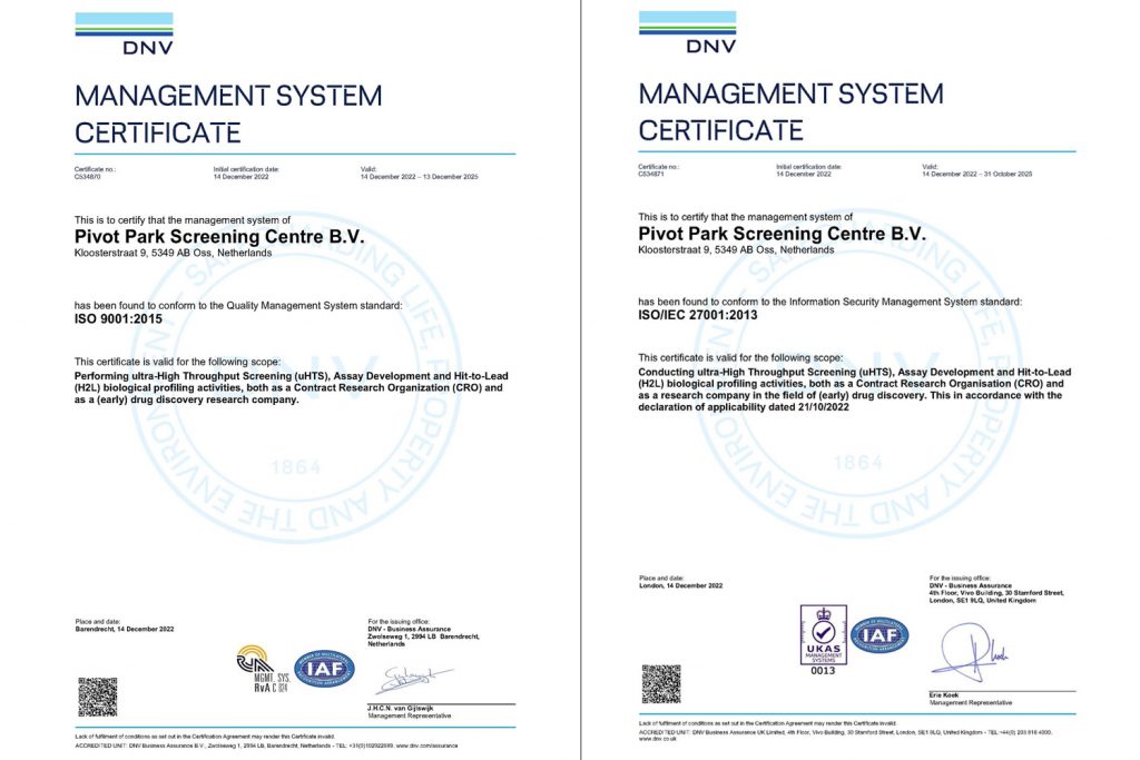 ISO9001 and ISO27001 certificates awarded to Pivot Park Screening Centre
