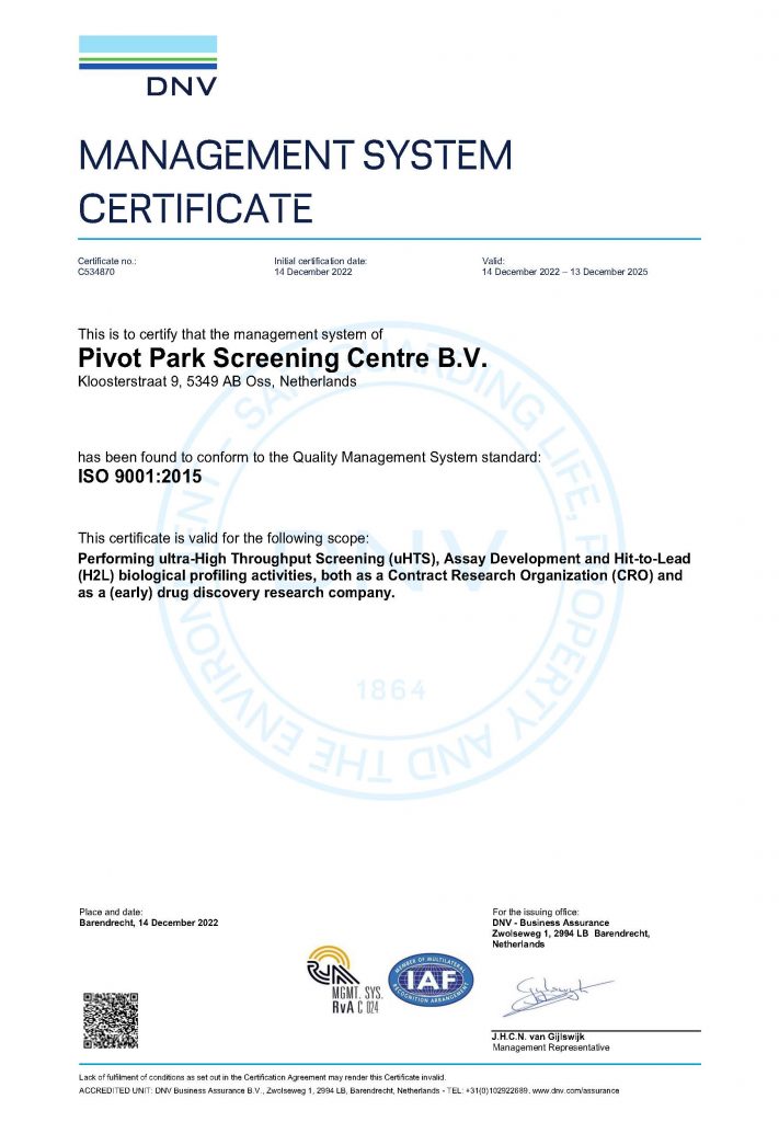 ISO 9001 certification from Pivot Park Screening Centre (PPSC)
