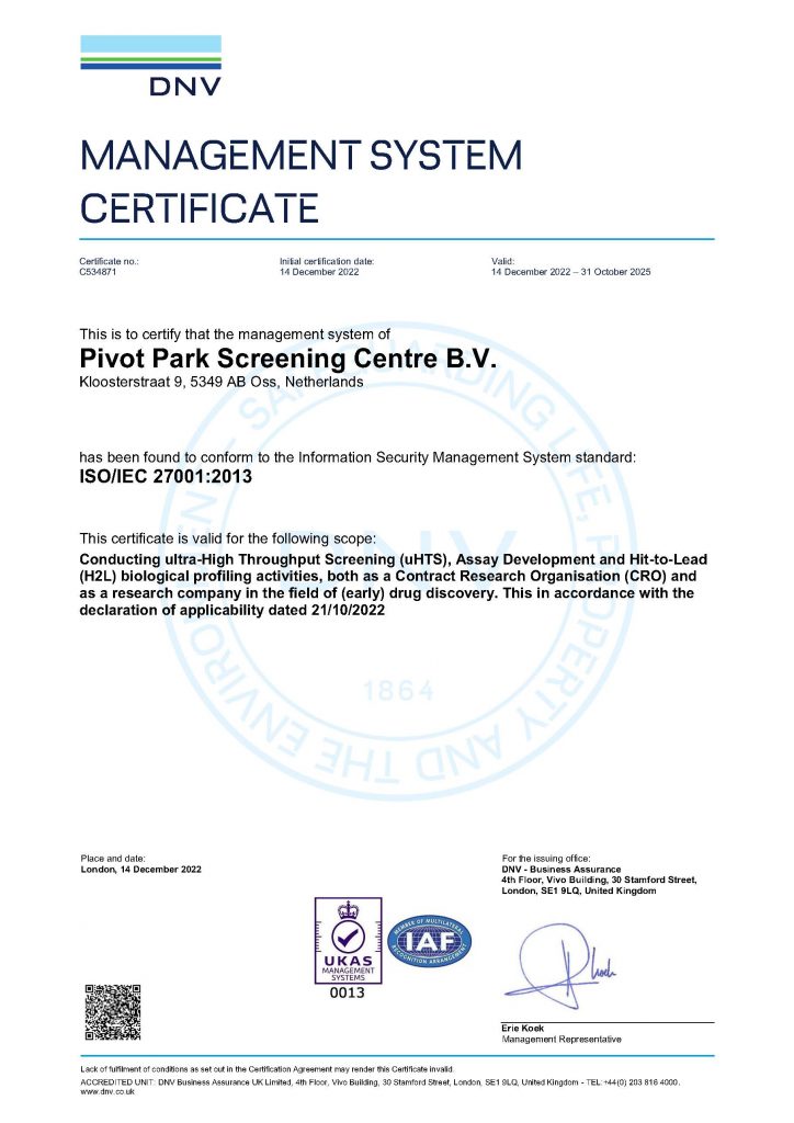 ISO 27001 certification from Pivot Park Screening Centre (PPSC)