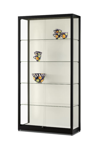 vitrine zwart met houten achterwand en ledstrips