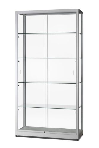 Glazen vitrinekast 100 cm breed zilver aluminium met LED zijverlichting en schuifdeuren