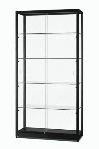 Glazen vitrinekast100 cm breed zwart aluminium met LED zijverlichting en schuifdeuren