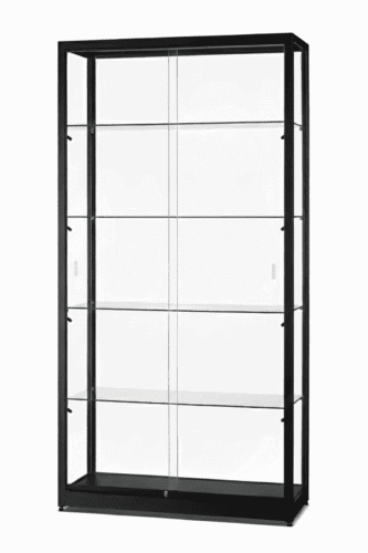 Glazen vitrinekast100 cm breed zwart aluminium met LED zijverlichting en schuifdeuren