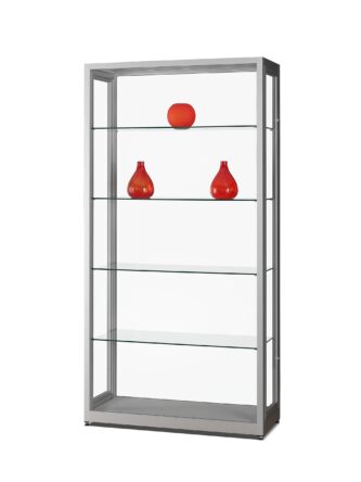 Stofdichte vitrinekast V8 1000 zilver met gehard glas, draaideuren met slot en verstelbare glazen legborden