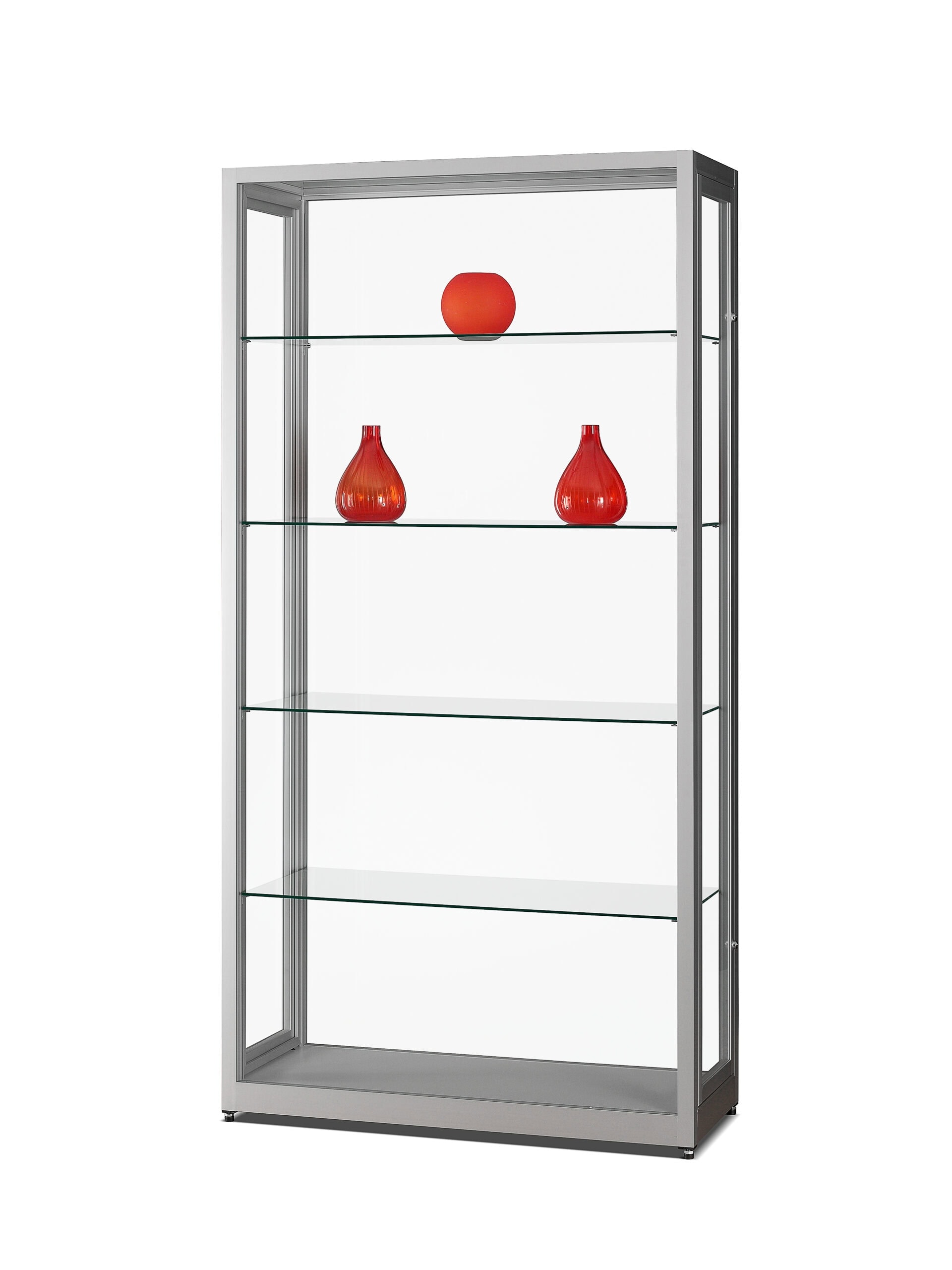 Stofdichte vitrinekast V8 1000 zilver met gehard glas, draaideuren met slot en verstelbare glazen legborden