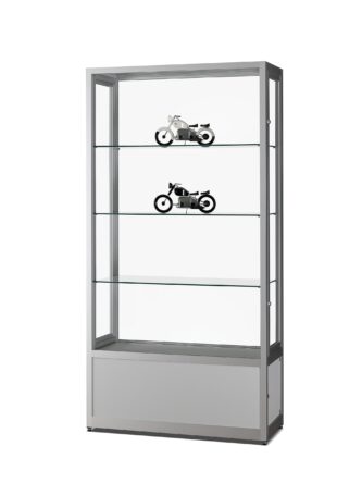 Stofdichte vitrinekast V8 1000 Onderkast zilver met gehard glas, dubbele draaideuren met slot, onderkast en verstelbare glazen legborden