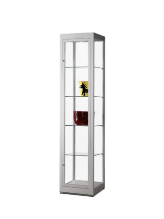 Vitrinekast V8 400 zilver met gehard glas, draaideur met slot, verstelbare glazen legborden en LED-verlichting