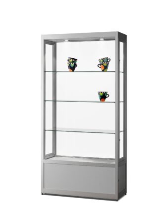 Stofdichte vitrinekast V8 1000 Light met onderkast zilver met gehard glas, dubbele draaideuren met slot, LED-verlichting, onderkast en verstelbare glazen legborden