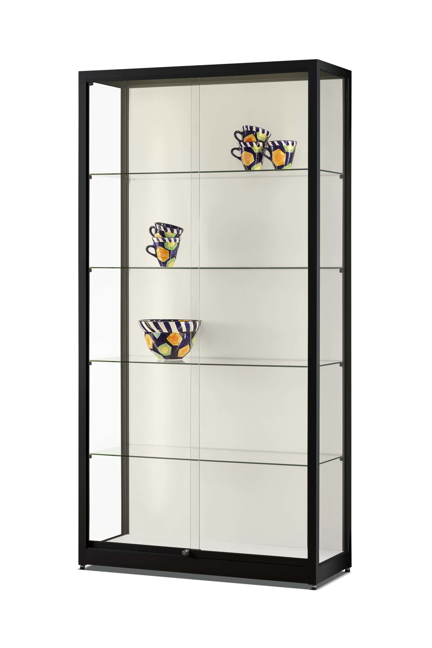 vitrine zwart met houten achterwand en ledstrips