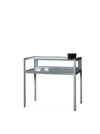 Stofdichte tafelvitrine V8 1000 zilver met gehard glas, klepdeur met slot en aluminium haaks profiel