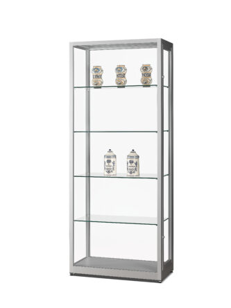 Stofdichte vitrinekast V8 800 zilver met gehard glas, dubbele draaideuren met slot en verstelbare glazen legborden