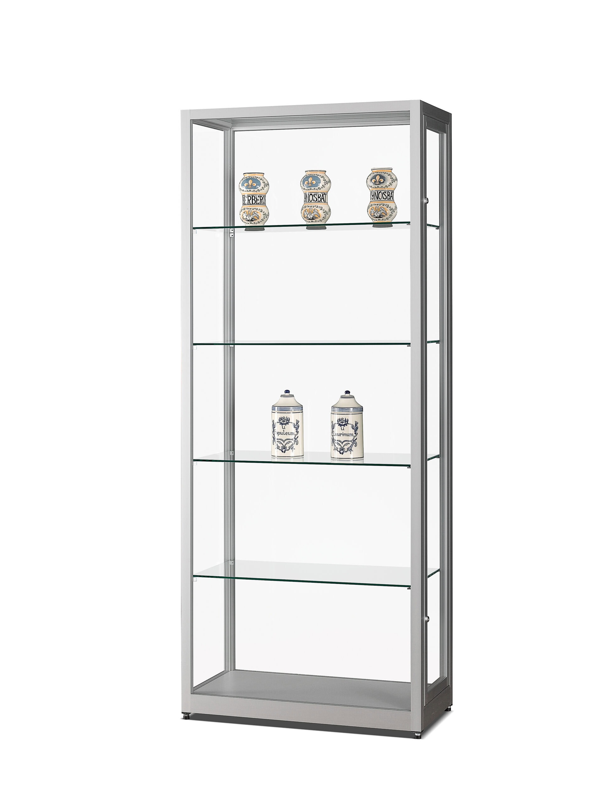Stofdichte vitrinekast V8 800 zilver met gehard glas, dubbele draaideuren met slot en verstelbare glazen legborden