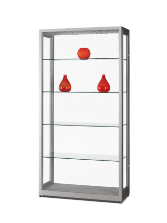 Stofdichte vitrinekast V8 1000 zilver met gehard glas, draaideuren met slot en verstelbare glazen legborden