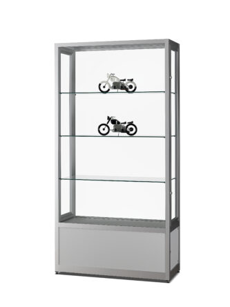 Stofdichte vitrinekast V8 1000 Onderkast zilver met gehard glas, dubbele draaideuren met slot, onderkast en verstelbare glazen legborden